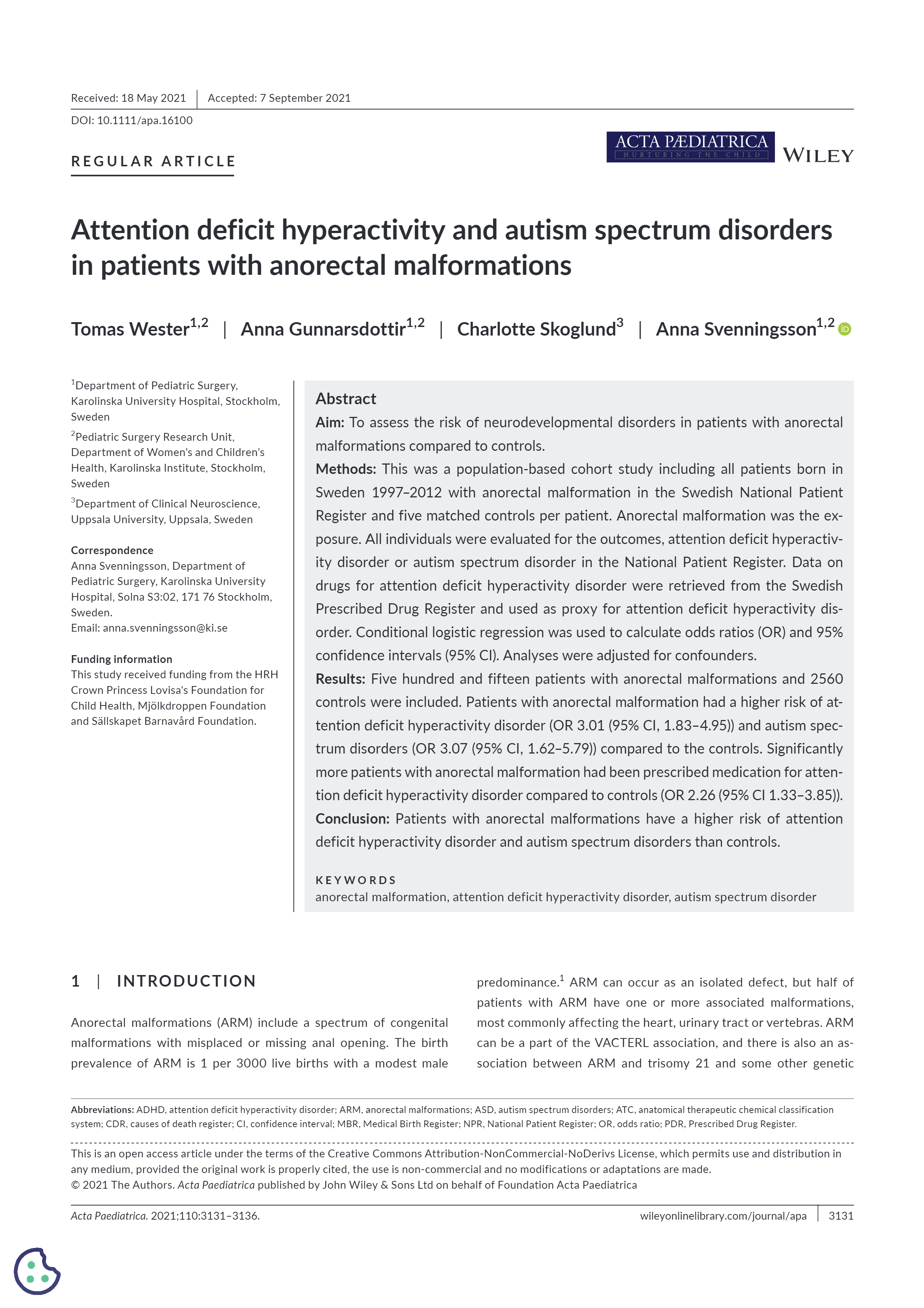 Anorectal malformations, ADHD and autism